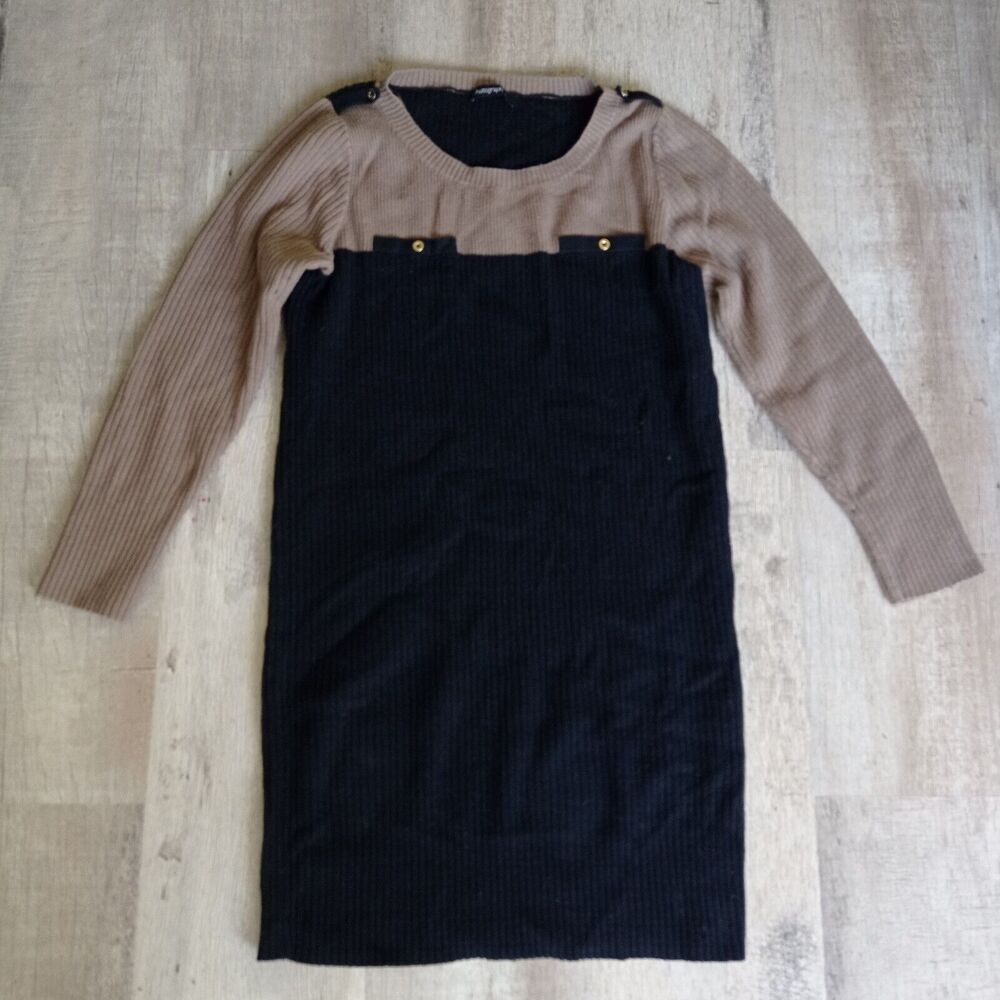 AUTOGRAPH SIZE Medium M Crew Neck Long Sleeve Knit Sweater Dress Black Tan